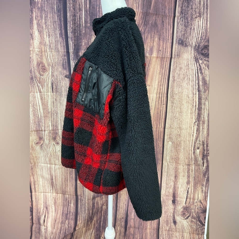 Seven7 red plaid Sherpa snap pullover top jacket women’s size M - Picture 3 of 14